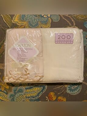 Vintage Carlton 3pc Ivory Twin Sheet Set NEW Embroidered Edge Pillow Case